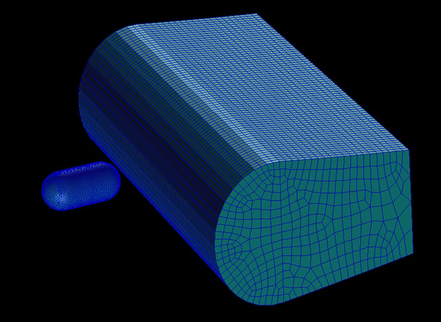 Birdstrike image wing structure along with a surface mesh representing the initial outer surface of the blob representing the bird